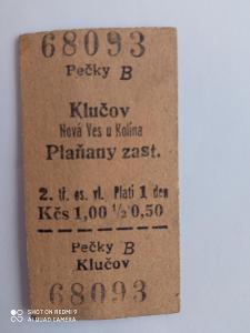 Stará kartonová vlaková jízdenka Klučov, Plaňany 1985