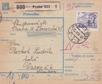 Průvodka Praha 1952, letecká známka - Vacov (Šumava, Prachatice)
