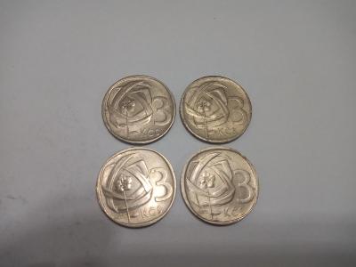 Mince ČSR ,  3 koruny, komplet, každá mince jiný ročník,  hezký stav.