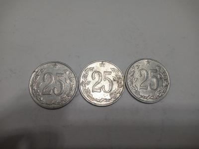 Mince ČSSR , 25 haléřů, 1962, 1963, 1964, každá mince jiný ročník.
