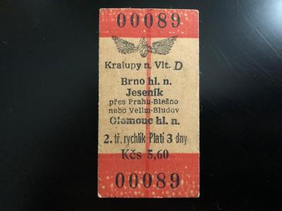 Stará vlaková jízdenka ČSD (Kralupy, Brno, Praha, Jeseník)