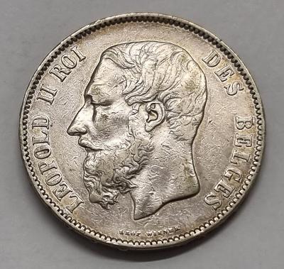 Belgicko, Leopold II., 5 Frank 1873, krásna patina, TOP!