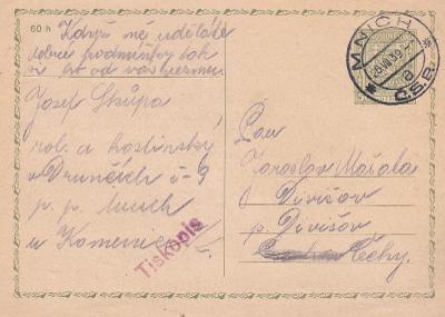 Předběžná, CDV 65, text Drunče, Mnich 26.7.1939 (Jindřichův Hradec)-