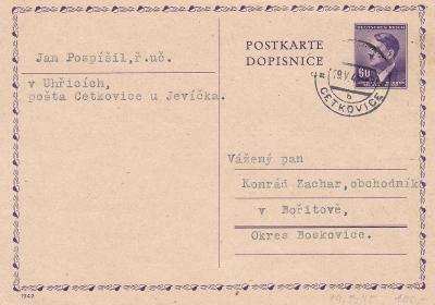 Protektorátní CDV 16, text Uhřice,vylámané Cetkovice 19.5.1945,Blansko