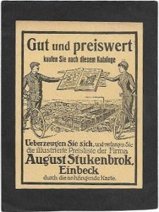 Reklamní karta, August Stukenbrok, cyklistika, hodiny a jiné, ca 1910