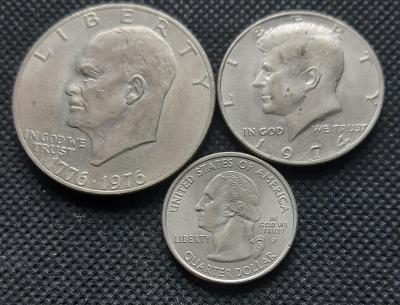 One Dollar 1776-1976, Half Dolar 1974, 25 Cent 2001