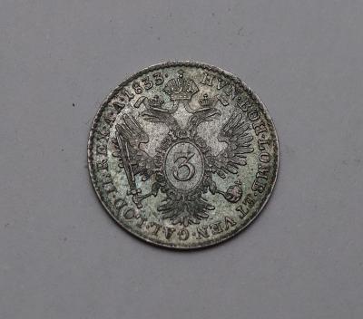Stříbrný 3 Krejcar 1833 C - František II. - Katalog až 7 tisíc. 