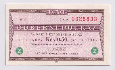 Vzácnější zahraniční tuzexový bon 0,50 Kčs 1972/I Z - nový (UNC/aUNC)