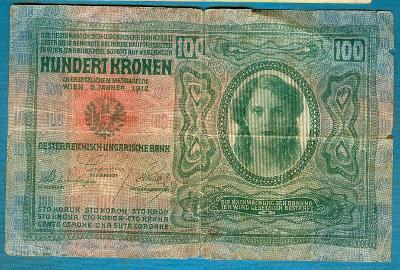 Rakousko 100 korun 2.1.1912 dole natržená a podlepená páskou