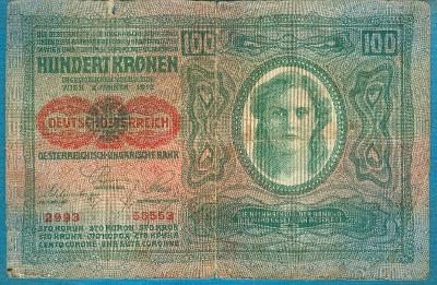 Německé Rakousko 100 korun 1919 přetisk na R-U bankovce 1912 z oběhu