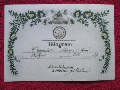 SD71 * TELEGRAM  _  Blahopřání k sňatku  _  8.11.1947