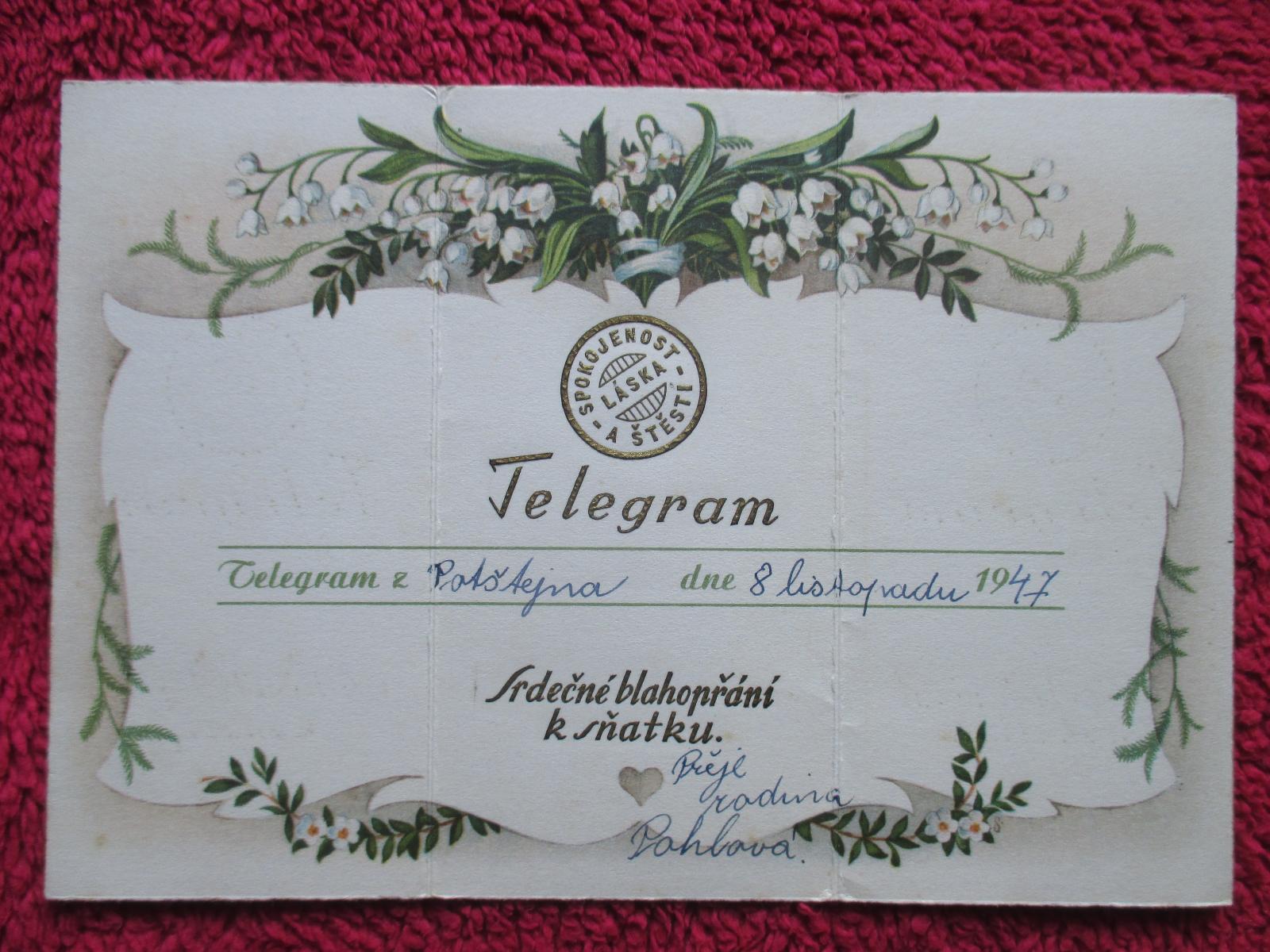SD74 * TELEGRAM  _  Blahopřání k sňatku  _  8. listopadu 1947 - Starožitnosti a umění