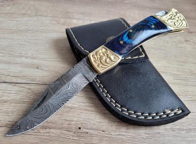 ✅modrý Damaškový nůž 18 cm kapesní ručně vyrobeno + kožené pouzdro
