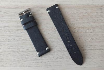Černý kožený řemínek na hodinky 21/22 mm, ručně šitý