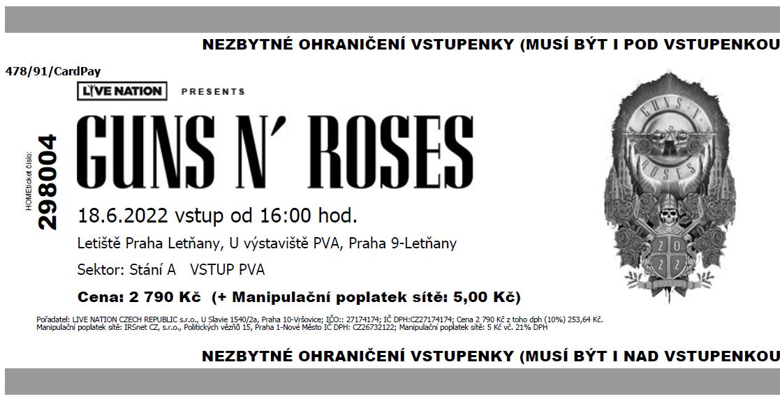 GUNS N' ROSES 2x vstupenka 18.6.2022 Praha - Zábava