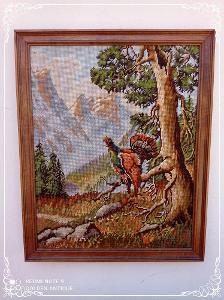 Starý dřevěný obrázek ručně vyšívaný gobelín krajina - kohout 