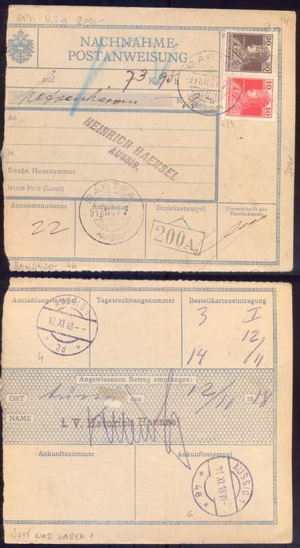 Bardejov 7.11.18 - Ústí nad Labem - fr. 10f+20f Karel - DPh-R3a 14 - Známky Československo+ČR 1918-1939