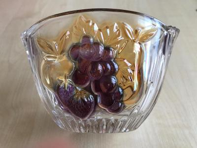 🙂skleněná, hluboká miska s ovocem… lité sklo s barevným motivem