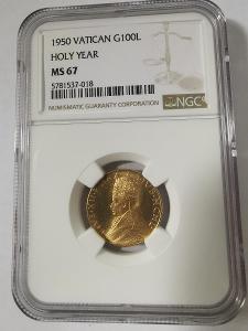 Vatikán  zlatá 100 lira 1950, certifikace NGC !!
