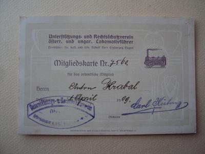 Legitimace spolku vůdců lokomotiv Lokomotivführer - 1909 strojvedoucí