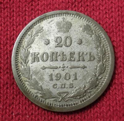Stříbrná 20 Kopějka 1901 SPB, Vzácnější, Rusko #A12