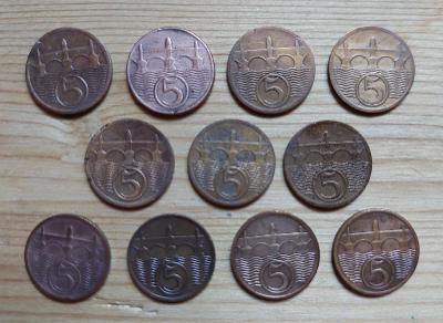 5 haléřů 1923-1938, celkem 11 mincí, Československo