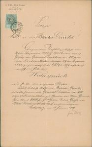 2A1819 Dopis JUDr. E. Wunder Litoměřice na okres. soud - rozpor, 1889