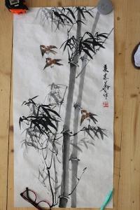 Malovaný obrázkek na rýžovém papíře-akvarel ptáčci,signováno