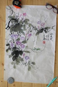Malovaný obrázkek na rýžovém papíře-akvarel ptáčci,signováno