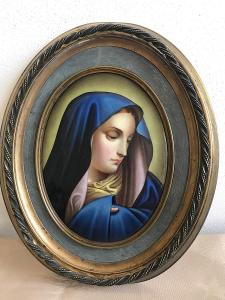 Starozitny obrazek Panny Marie olejomalba na porcelan puvodni stav 