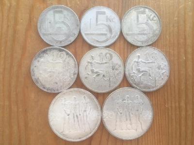 8 kusů stříbrných 5, 10 a 20Kč První Republika, každá mince jiná, ČSR