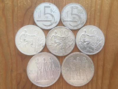 7 kusů stříbrných 5, 10 a 20Kč První Republika, každá mince jiná, ČSR