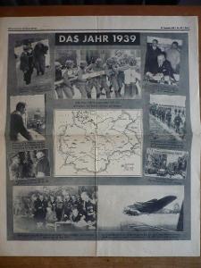 Obrovský dvojlist z Völkischer Beobachter - Hitler, 3.říše, 31.12.1939
