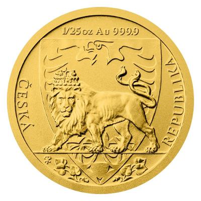 Zlatá 1/25 oz investiční mince Český lev 2020 stand