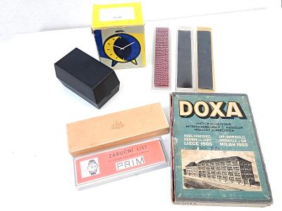 krabičky od starých hodinek, řemínků a budíku - Prim, Doxa,...