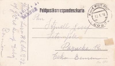 Rakousko, Bosna, polní pošta Doboj 1918 - Pazucha, Litomyšl (Svitavy)