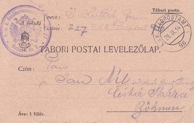 Rakousko, polní pošta 96, 28.9.1914 - Česká Skalice (Náchod).