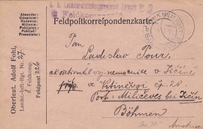 Rakousko, Bosna, polní pošta Sarajevo 1916-Miličeves, Vitiněves, Jičín