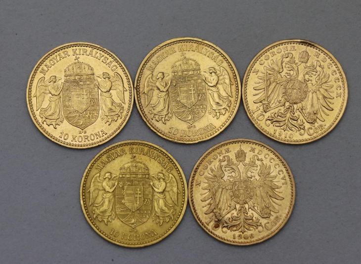 Sada 5 ks Zlatých Rakouských 10 Korun Františka Josefa I. - Numismatika