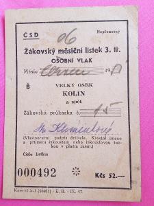 ČSD Žákovský měsíční lístek 3 tr.Osobni vlak V.Osek Kolín 1951