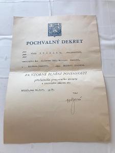 Pochvalný Dekret za vzorně plnění povinností - 1939 roku