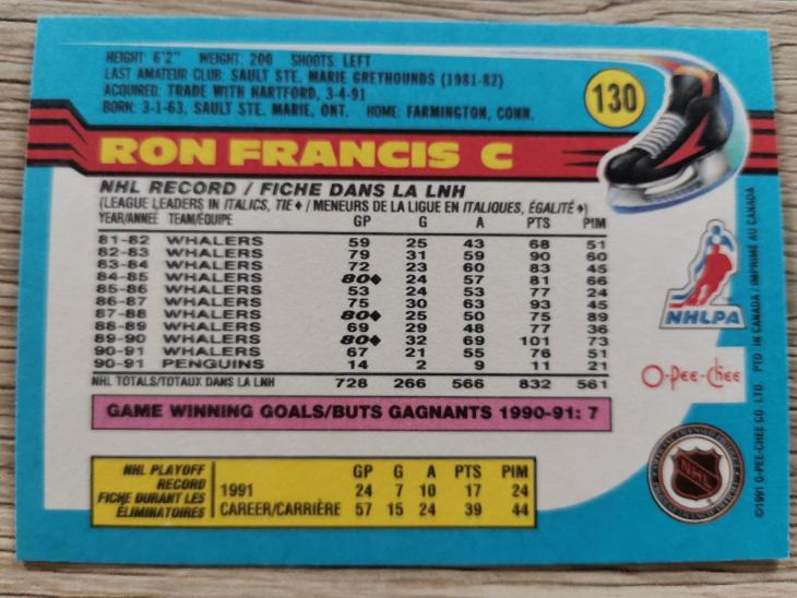Karta O-Pee-Chee 91-92 č 130 Ron Francis - Sportovní hokejové karty
