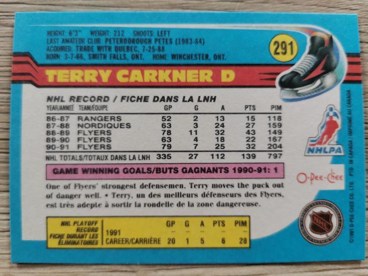 Karta O-Pee-Chee 91-92 č 292 Terry Carkner - Sportovní hokejové karty