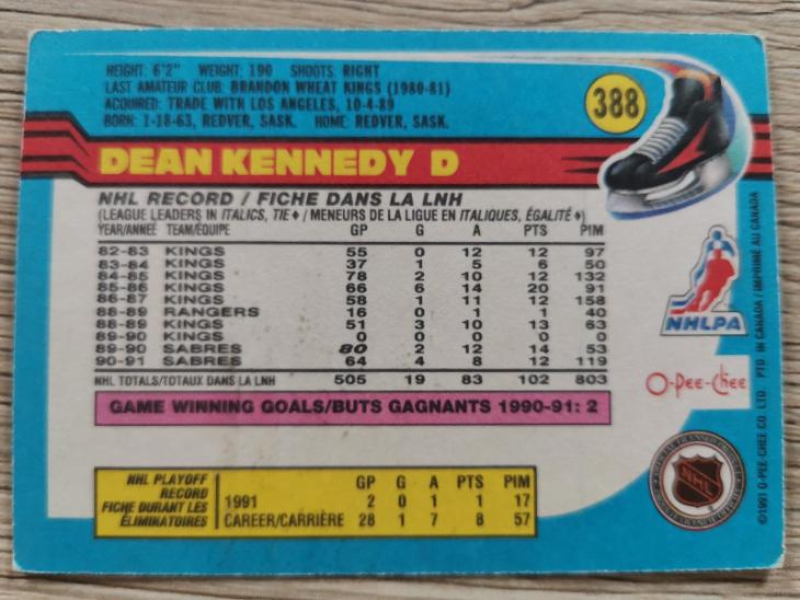 Karta O-Pee-Chee 91-92 č 388 Dean Kennedy - Sportovní hokejové karty
