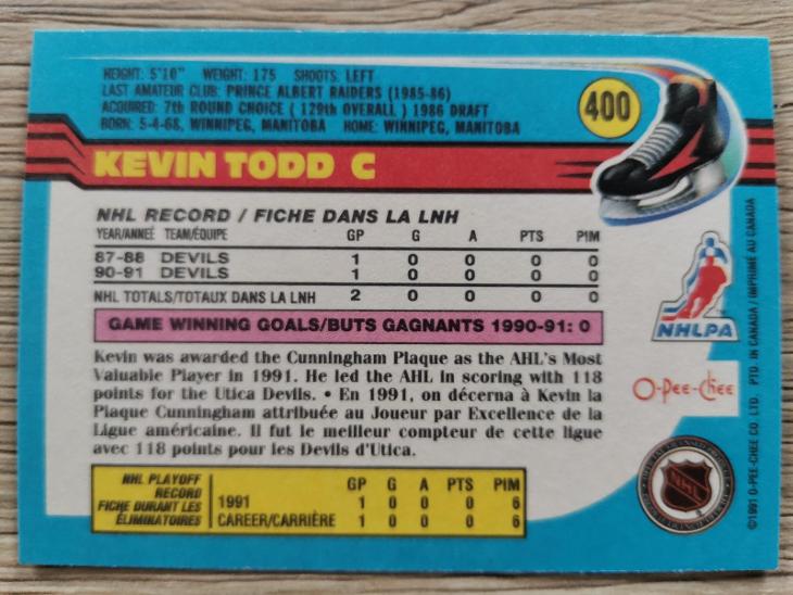 Karta O-Pee-Chee 91-92 č 400 Kevin Todd - Sportovní hokejové karty