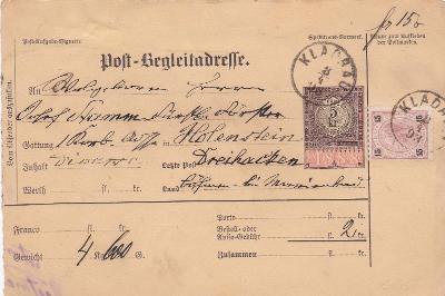 Rakousko, průvodka Kladruby 1893 (Tachov)-Tři Sekery, náprstkové, Cheb