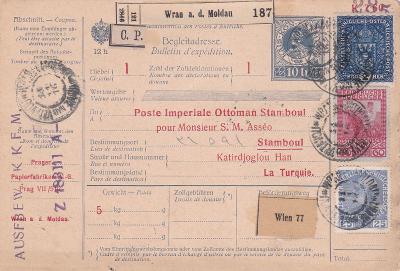 Rakousko, průvodka Vrané n. V. 1916 (Praha)-Turecko, Istanbul, s přích