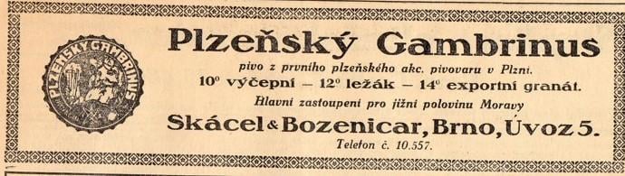 Reklama z dobového tisku Gambrinus, Plzeň