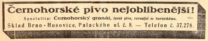 Reklama z dobového tisku Černohorské pivo, Brno