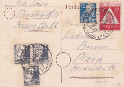 Německo, přelepená, dofrank., příl. razítko Dresden 1948 - Plzeň.